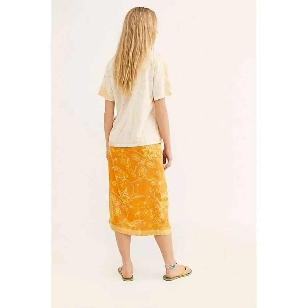 NEW FREE PEOPLE Sz 4 YASMIN BORDER PRINT WRAP MIDI SKIRT IN ORANGE NECTAR